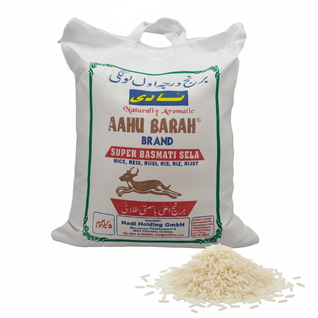babaGOURMET Aahu Barah Super Basmati Sela rice bag, 5kg, naturally aromatic long-grain rice.