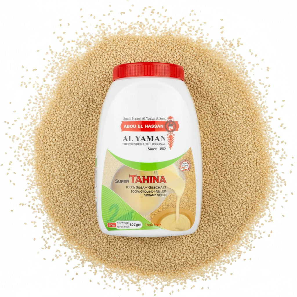 babaGOURMET Al Yaman Super Tahina 907g jar, 100% ground hulled sesame seeds, made in Lebanon.