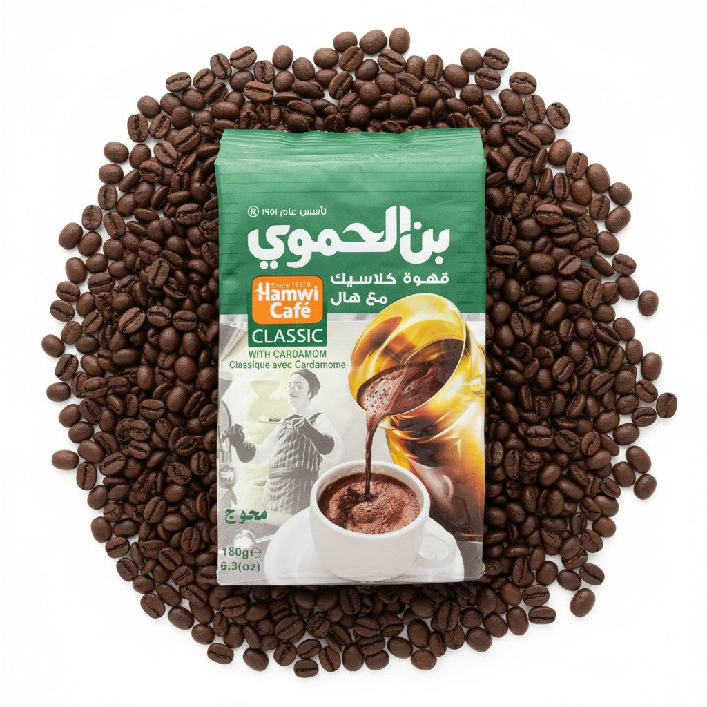 babaGOURMET Hamwi Classic ground Arabic coffee with cardamom, 180g bag. Rich, dark coffee with foam.