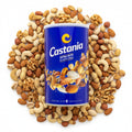 babaGOURMET Castania premium nut mix in a blue can, featuring peanuts, pistachios, almonds, and cashews.