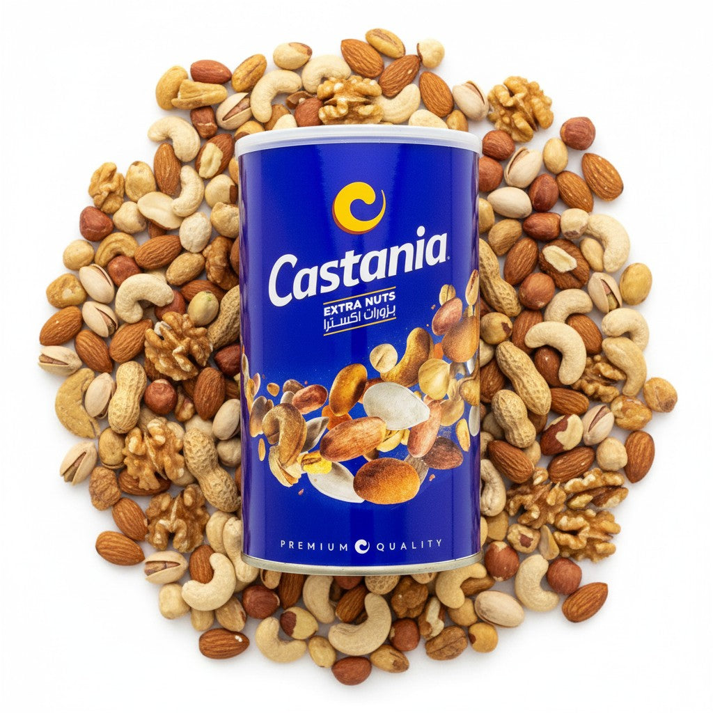 babaGOURMET Castania premium nut mix in a blue can, featuring peanuts, pistachios, almonds, and cashews.
