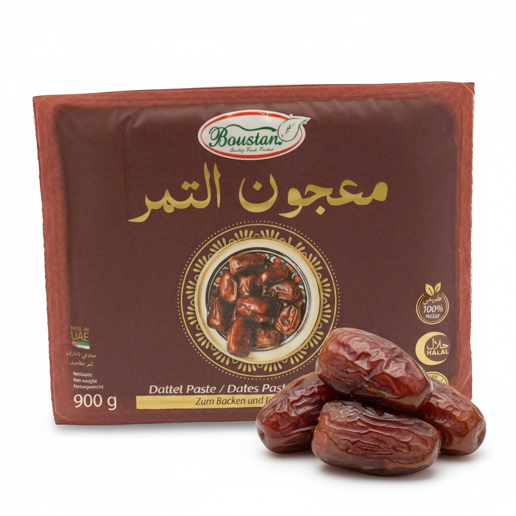 babaGOURMET Boustan Dattelpaste, 900g, 100% natural dates paste from UAE, suitable for baking and desserts.