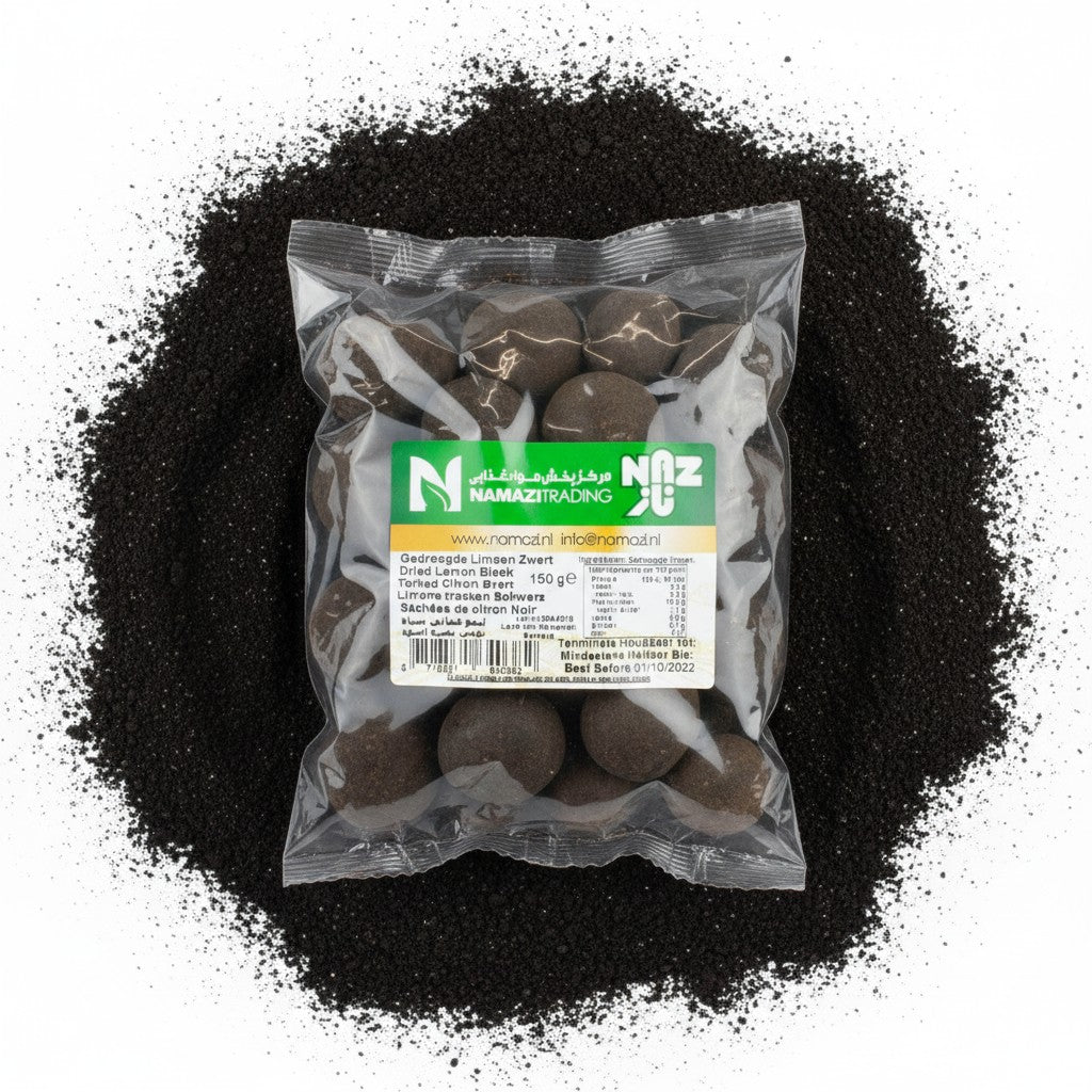 babaGOURMET Naz Dried Black Lemons, whole, dark brown, 150g bag, ideal for soups, dips, sauces, and tagines.