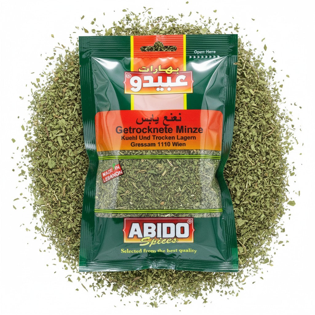 babaGOURMET Abido Nana Minze dried mint leaves, 30g packet. Ideal for tea and oriental cuisine.