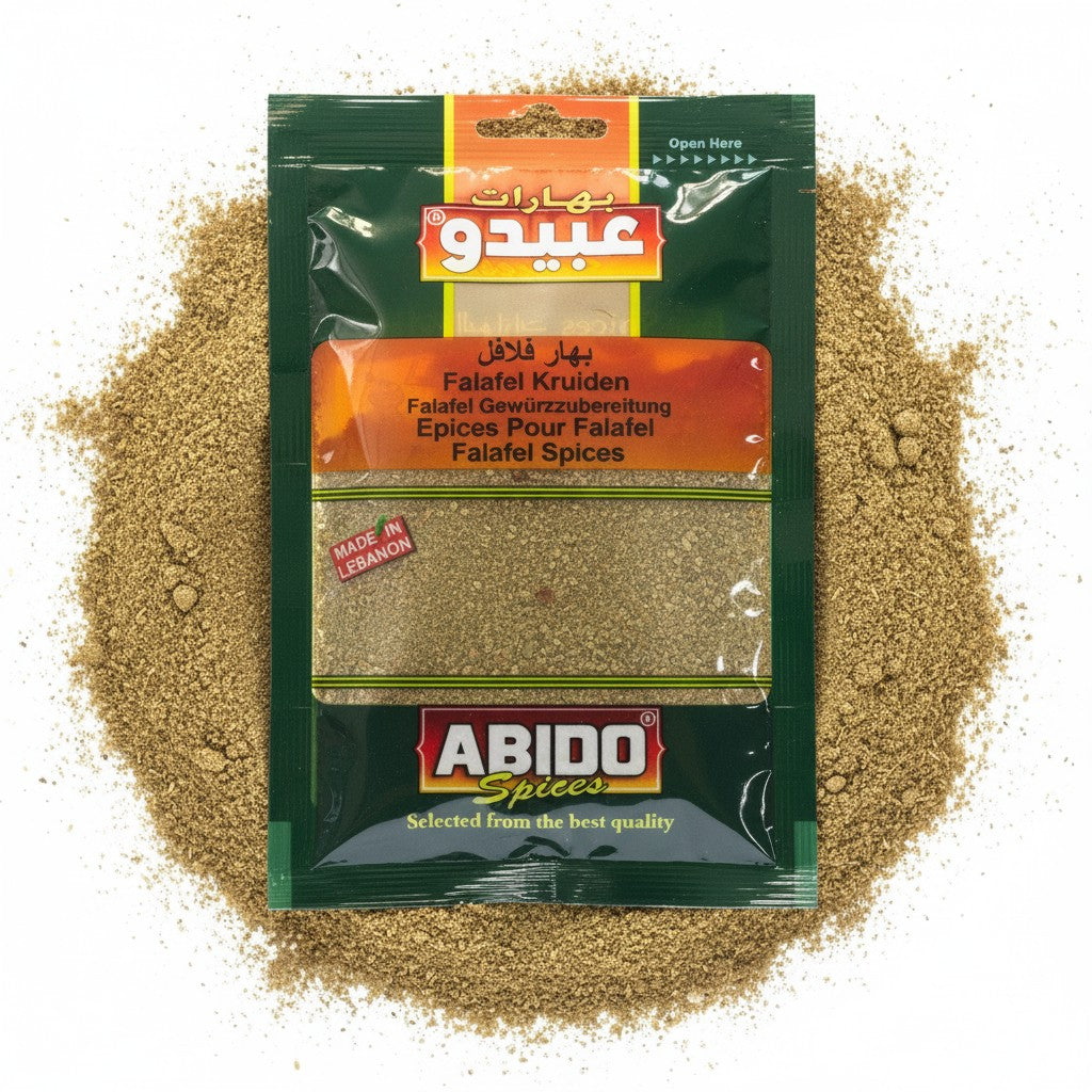 babaGOURMET Abido Falafel spice mix in a 50g packet, made in Lebanon with sesame, coriander, basil, dill, cumin, and leek.