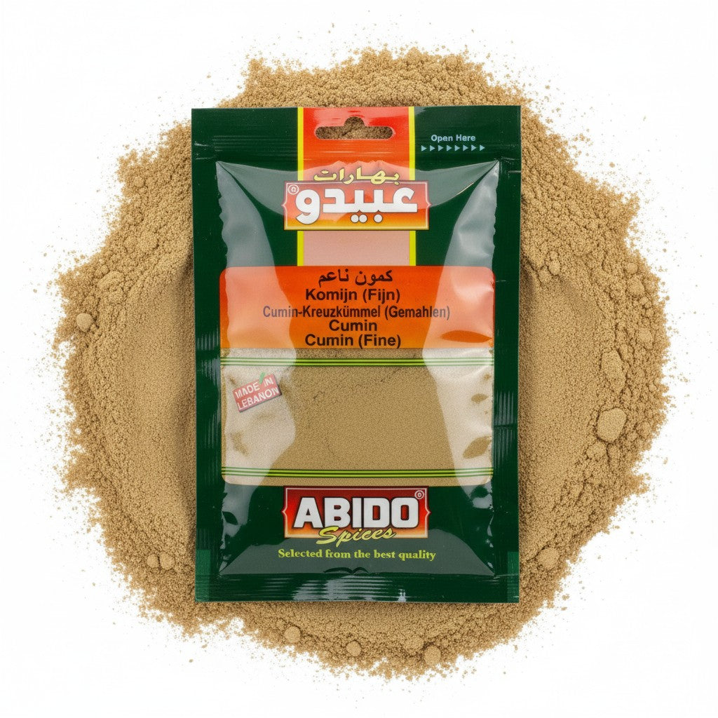 babaGOURMET Abido ground cumin spice in a 50g green and orange packet, made in Lebanon.