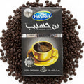 babaGOURMET Haseeb ground Arabic coffee with extra cardamom, 500g bag featuring a steaming cup of coffee.
