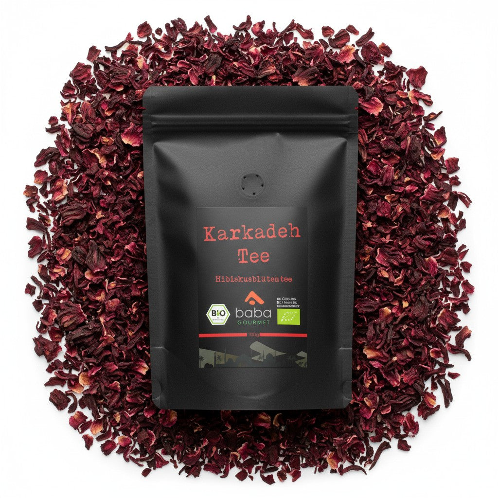 babaGOURMET Karkadeh loose leaf hibiscus tea, 100g bag. Organic, caffeine-free, fruity, red tea.