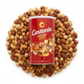 babaGOURMET Castania premium mixed kernels and coated peanuts in a red tin, featuring cashews, almonds, pistachios, hazelnuts, and seasoned peanuts.