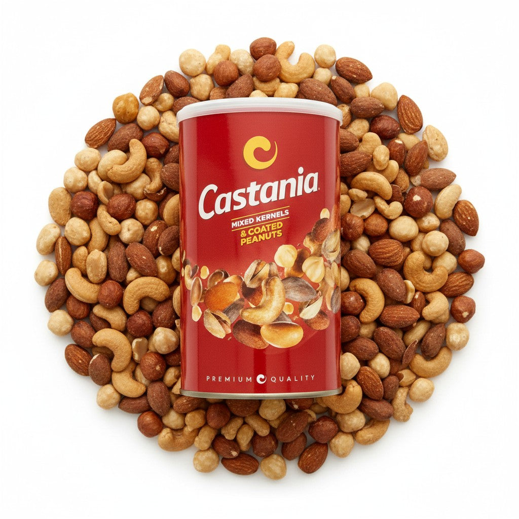 babaGOURMET Castania premium mixed kernels and coated peanuts in a red tin, featuring cashews, almonds, pistachios, hazelnuts, and seasoned peanuts.