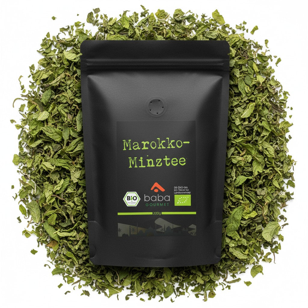 babaGOURMET organic Moroccan mint tea loose leaf, 200g pouch with green label featuring mint leaf design and EU organic certification.