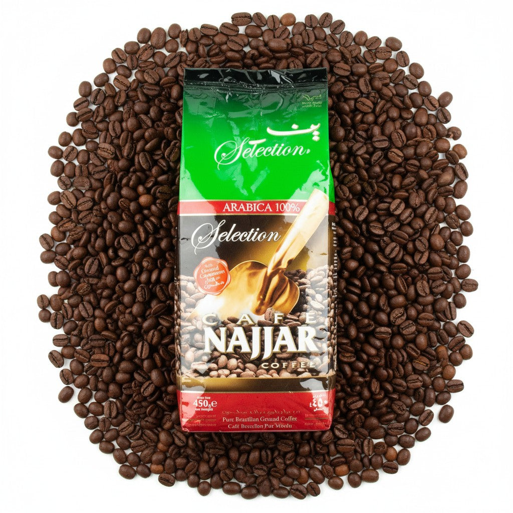 babaGOURMET Najjar Selection Arabica 100% ground coffee with cardamom, 450g bag.