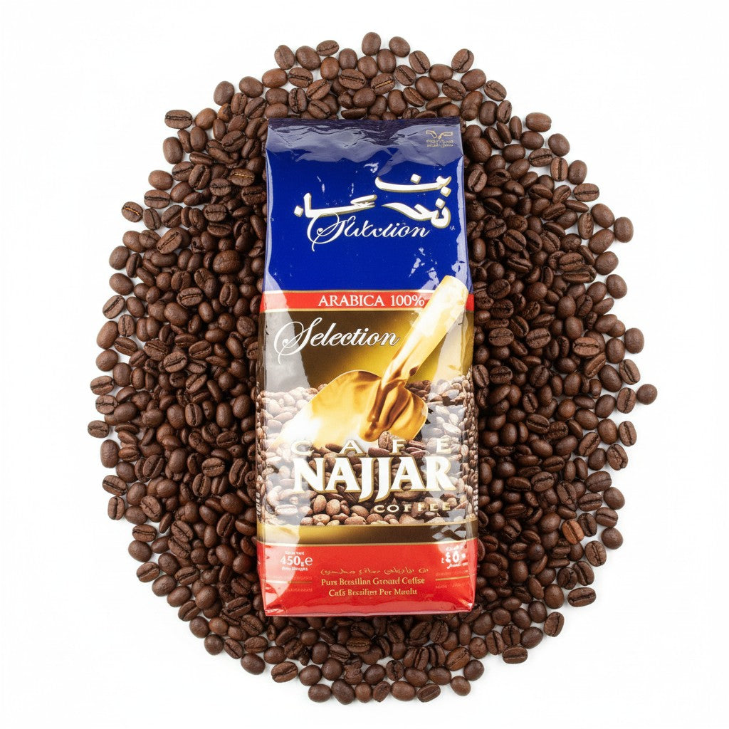 babaGOURMET Najjar Arabica 100% Selection ground coffee bag with scoop and coffee beans