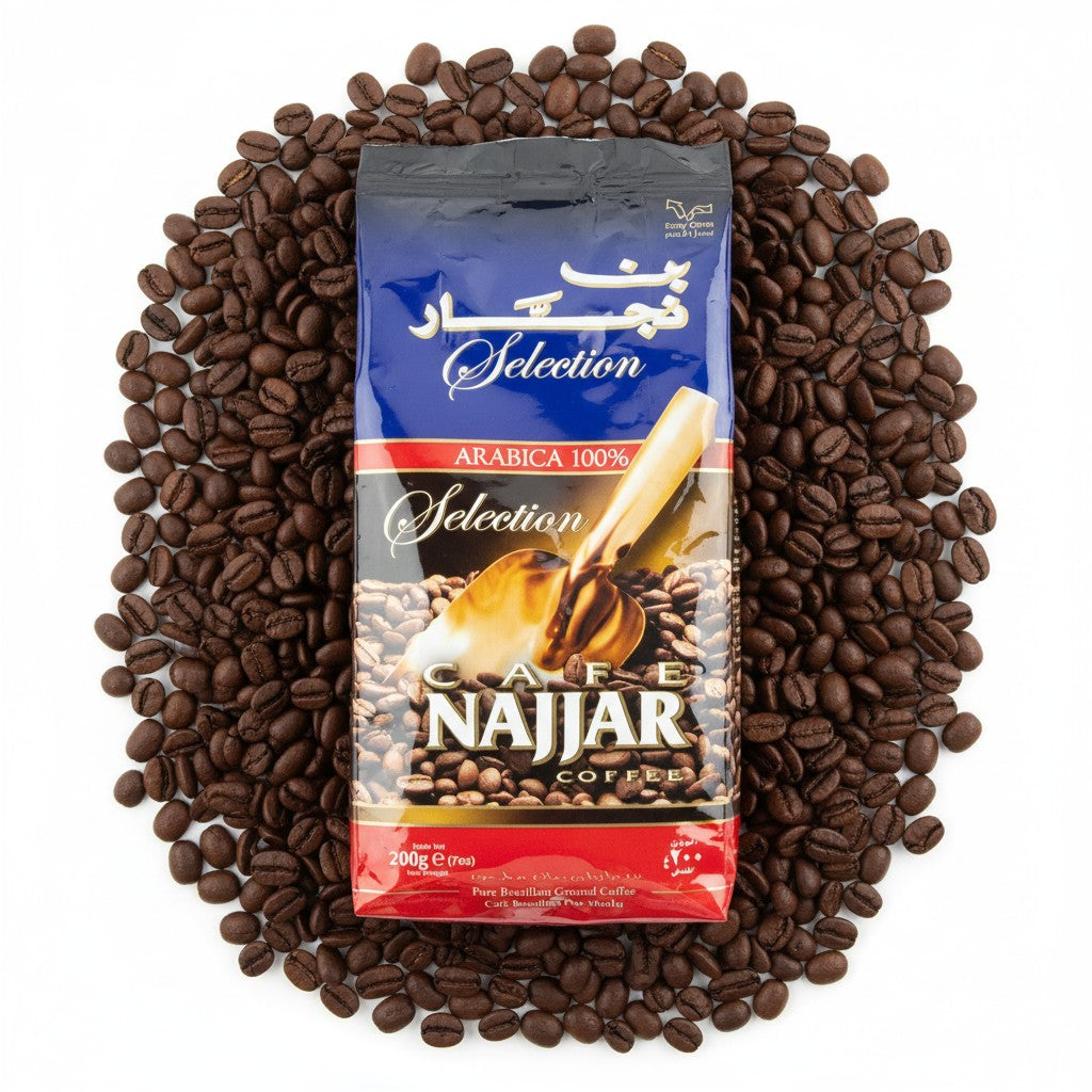 babaGOURMET Najjar Arabica 100% ground coffee bag with a scoop of coffee beans.