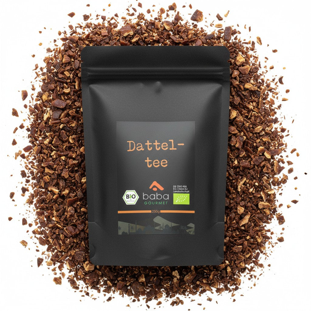 babaGOURMET organic date tea blend with raisins, coconut, cinnamon, ginger, and cardamom. Sweet, spicy, low-acid loose tea.