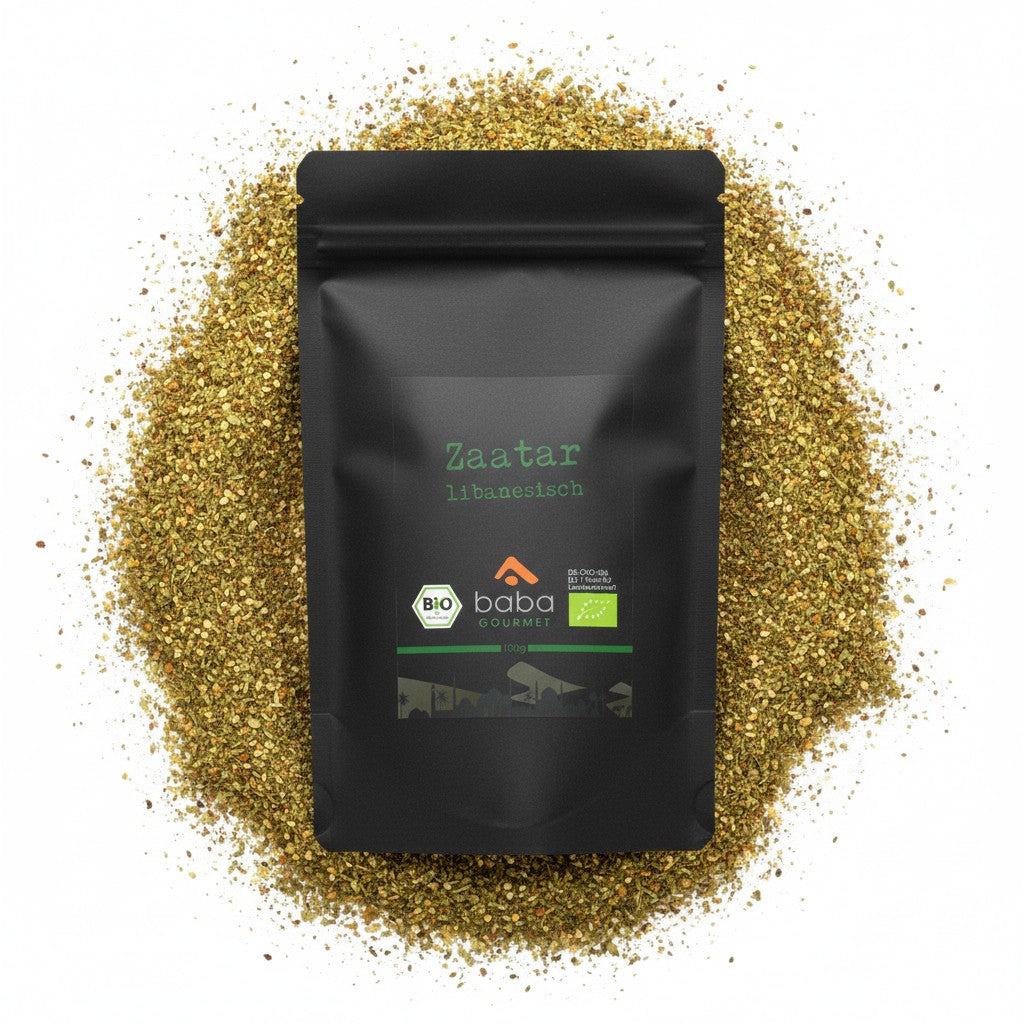 babaGOURMET organic Lebanese Zaatar spice blend in a black resealable pouch, 100g.
