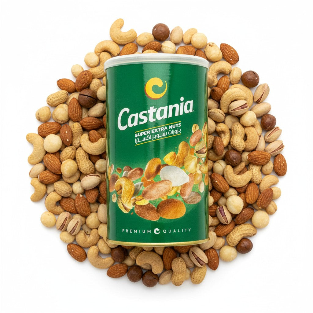 babaGOURMET Castania Super Extra Nuts premium mix in a green can, featuring pistachios, cashews, almonds, and peanuts.
