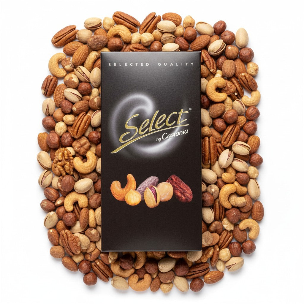babaGOURMET Select by Castania premium nut mix with cashews, hazelnuts, pistachios, pecans, and macadamias.