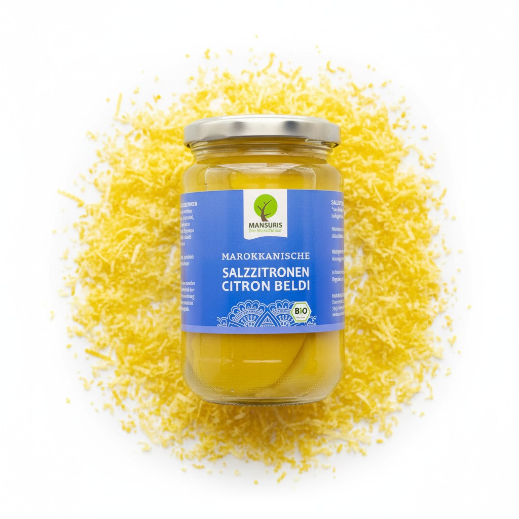 babaGOURMET Mansuris Moroccan preserved organic lemons in sea salt brine, 350g jar. Whole lemons preserved in salt.