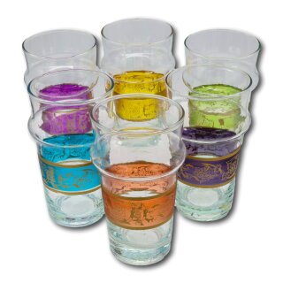 babaGOURMET - typisch marokkanisches Teeglas »Beldi« M -  mit farbigen Ornamenten - 6er Set - handgemachtes Beldi-Glas aus Marokko