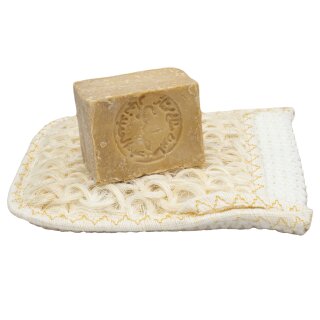 babaGOURMET Aleppo-Seife Olivenölseife mit 5% Lorbeeröl - handgefertigtes Naturprodukt vegan + Peeling Handschuh