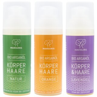 Mansuris BIO Arganöl Natur, Orange, Lavendel - Haaröl & Körperöl Probierset á 50 ml