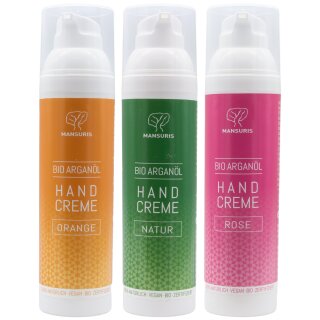 Mansuris BIO Arganöl Handcreme Natur, Orange, Rose Probierset á 75 ml