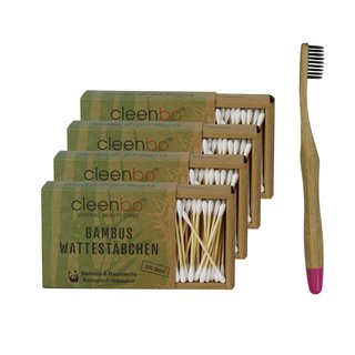 cleenbo Bambus Wattestäbchen 4 Packungen (800 St.) mit Bambus Zahnbürste (pink)